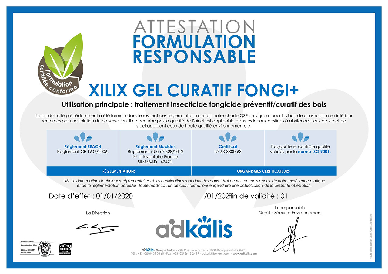 Сертификат безопасности и ответственности за состав XILIX Gel Curatif Fongi Plus